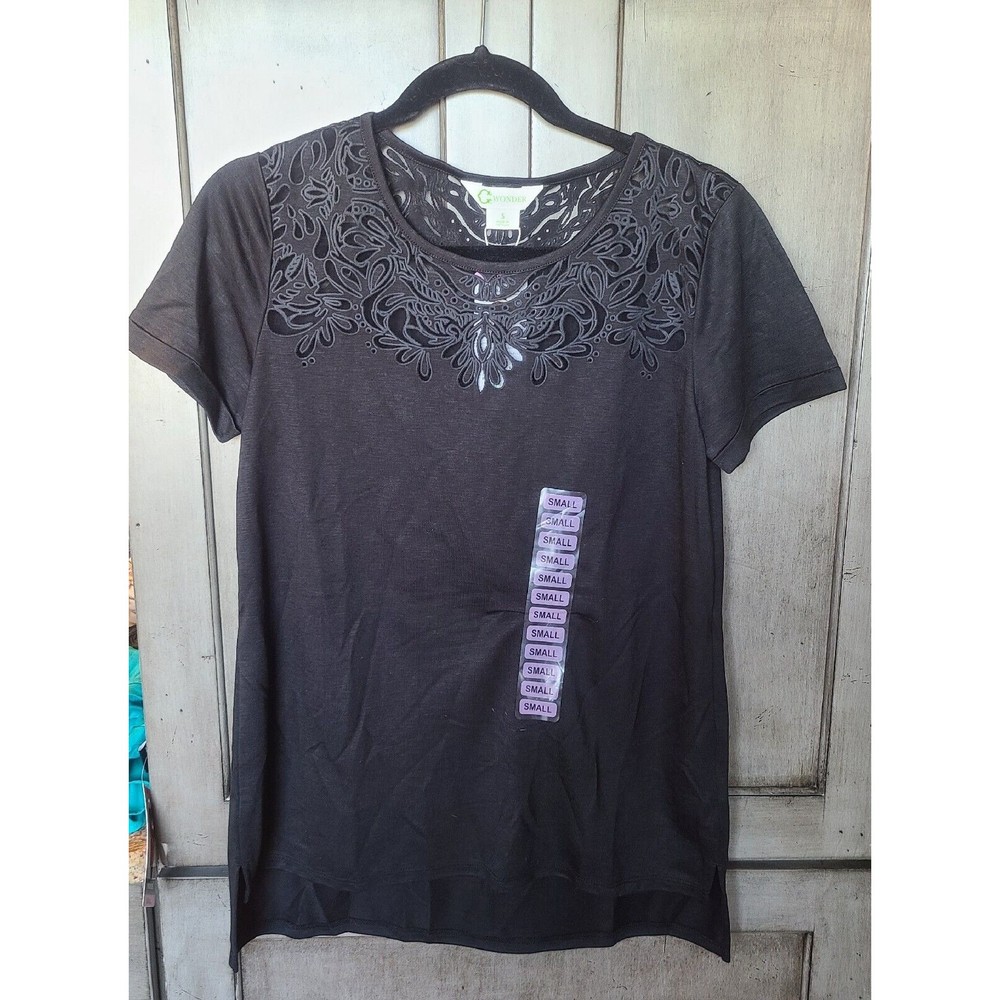 NWT Wonder Limited Women's Burnout Tee Black Knit Top Pullover Shirt Size Small